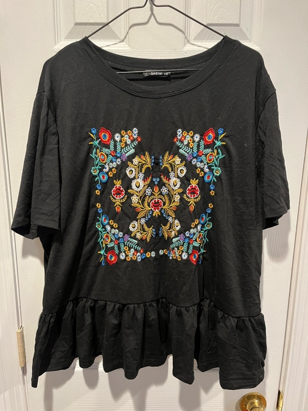 SHEIN Black Short Sleeve Top with Colorful Floral Embroidery